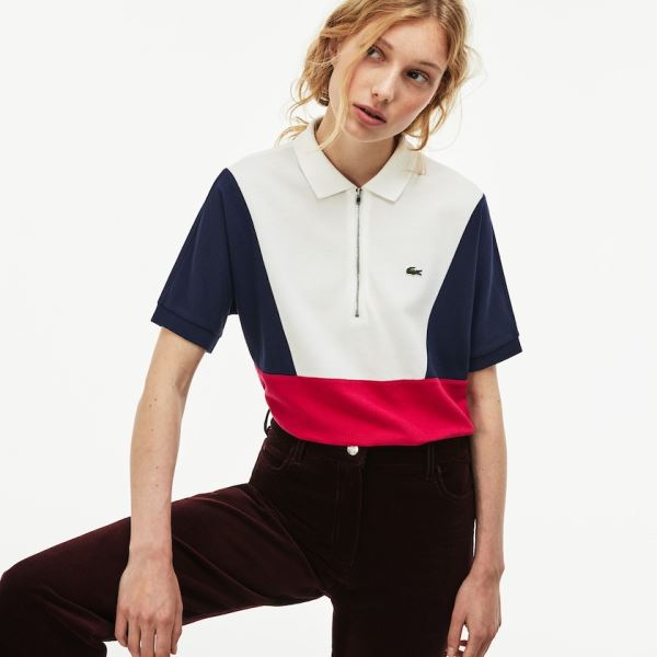 Lacoste Zip Neck Colorblock Terrycloth Piqué Polo Dámské - Polo Bílé / Tmavě Blankyt Blankyt / Červe